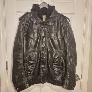 Sonoma Mens Faux Leather Sherpa Lined Jacket Moto Zip Button Removable Hood L